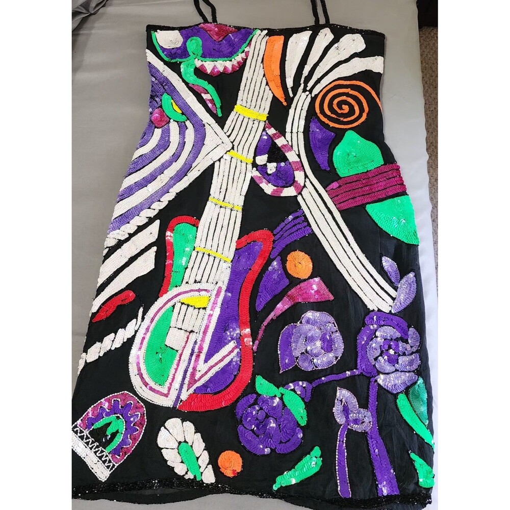 VINTAGE 80s Sequin Silk Dress Guitar Glam Rock EUC Size 10